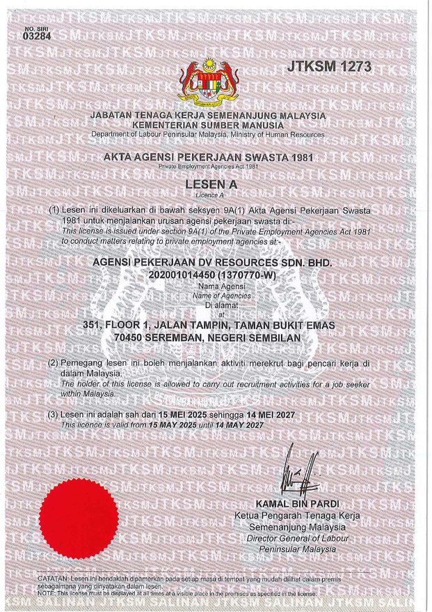 DV Resources Licence A certificate, JTKSM 1273, valid until 14 May 2027